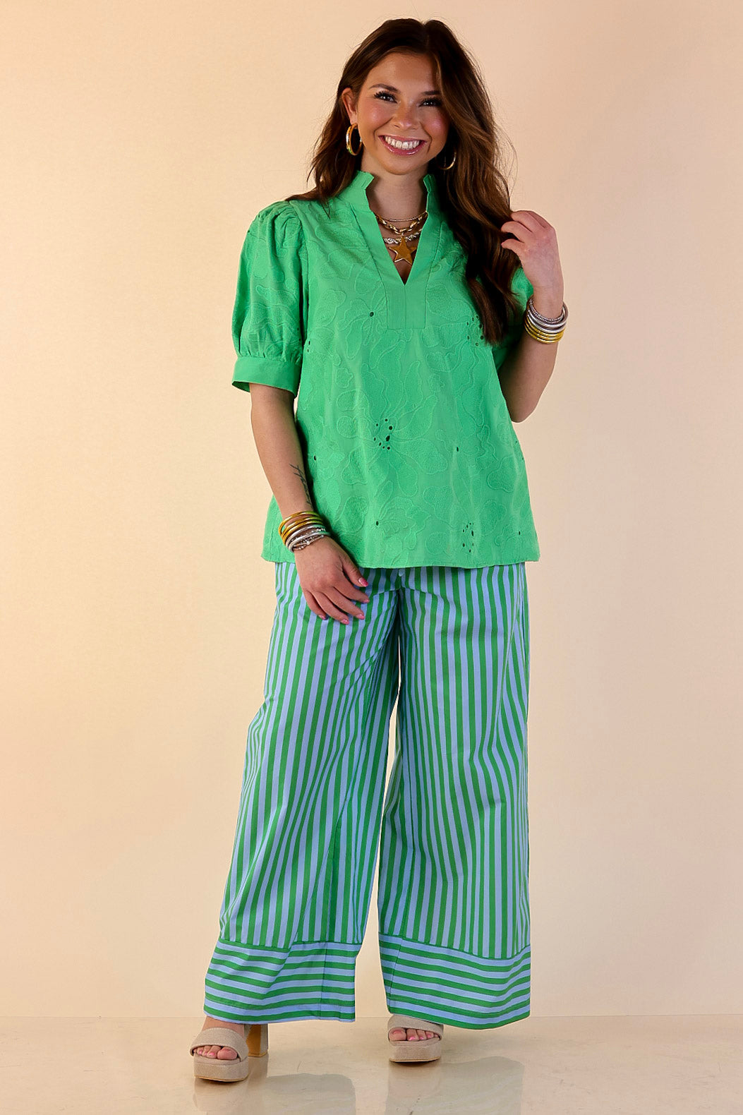 Graceful Impression Textured Floral Puff Sleeve Top with Split Neckline in Kelly Green