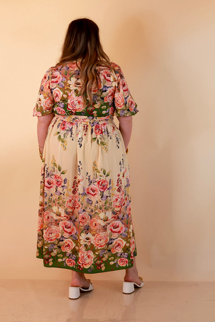 Brunch with the Girls Puff Sleeve Smocked Waist Floral Print Tiered Midi Dress in Ivory and Olive Green Multi