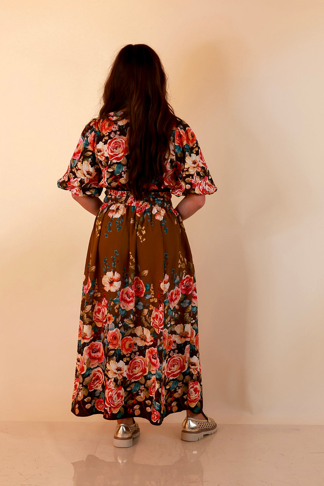 Brunch with the Girls Puff Sleeve Smocked Waist Floral Print Tiered Midi Dress in Chocolate Brown Multi