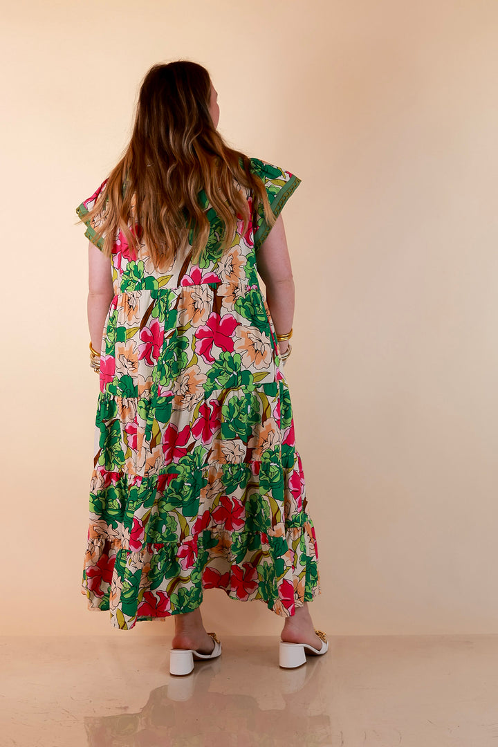 Spring Symphony Floral Print Tiered Midi Dress with Flutter Sleeves in Pink and Green