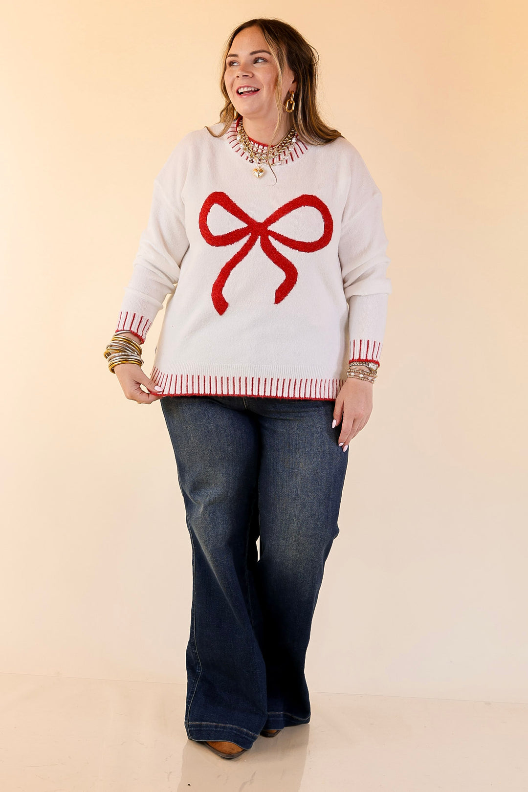 Mud Pie | Wilder Red Bow Mock Neck Sweater in Ivory