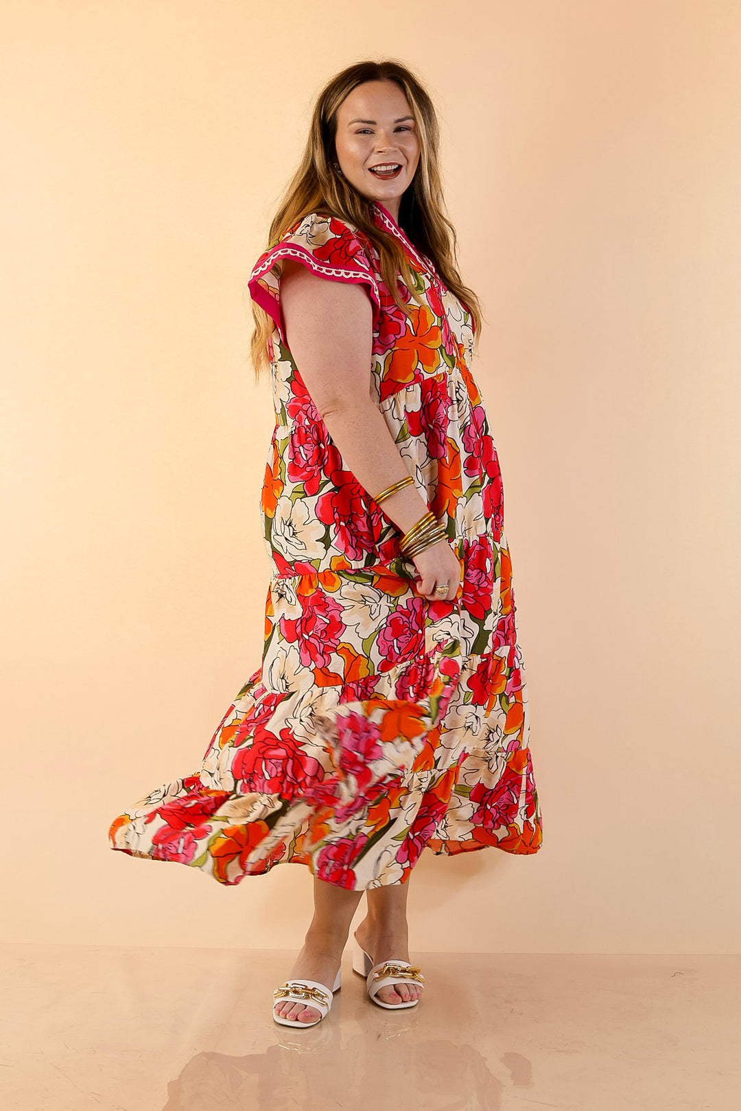 Spring Symphony Floral Print Tiered Midi Dress with Flutter Sleeves in Pink and Orange