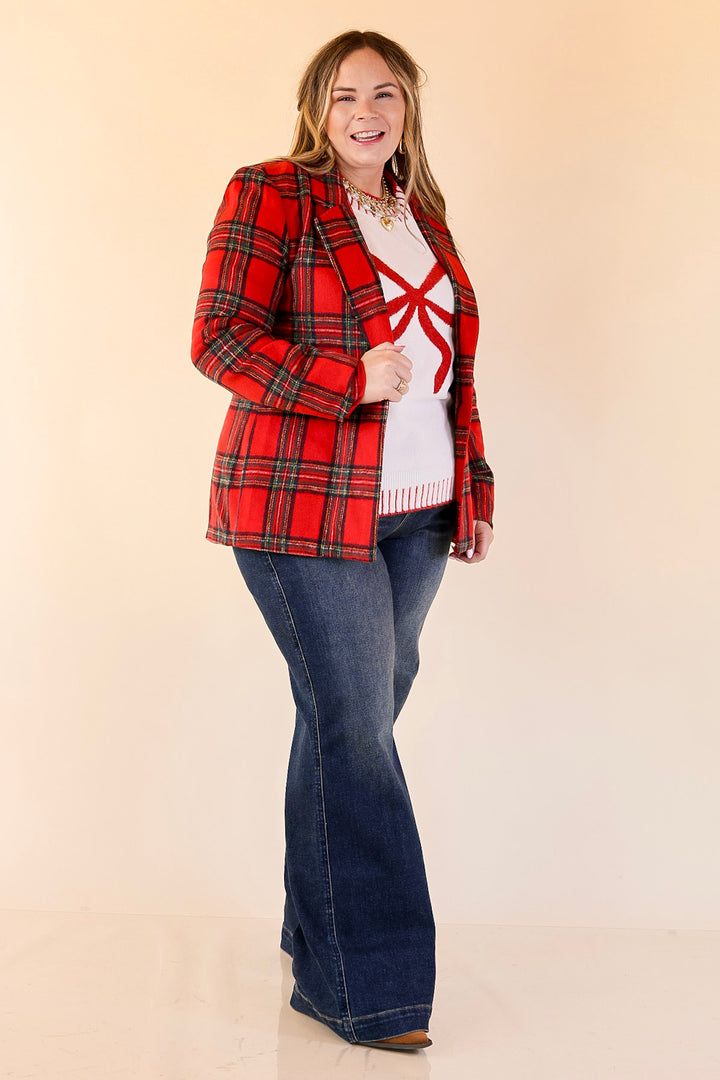 Season to Shine Long Sleeve Tartan Plaid Blazer in Red
