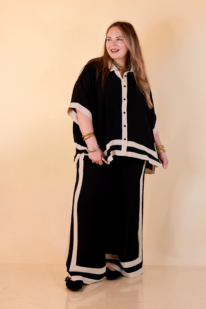 First Class Chic Button Front Collared Top with Matching Wide Leg Pants Set in Black and Ivory