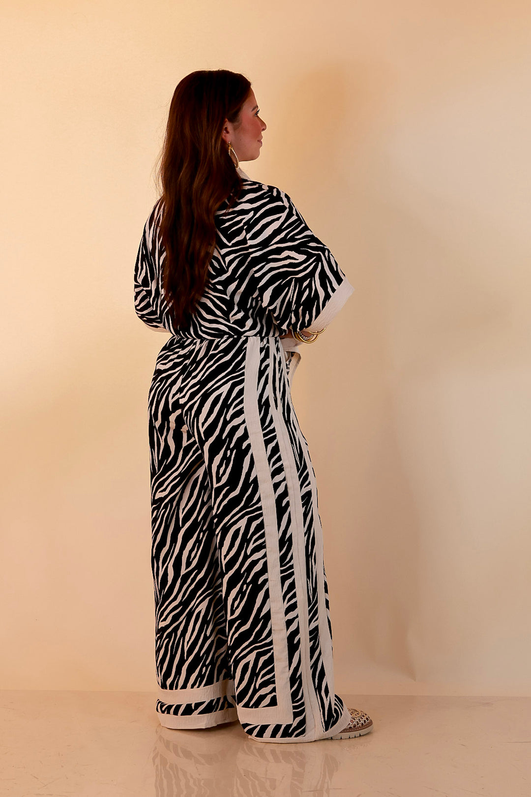 First Class Chic Button Front Collared Top with Matching Wide Leg Pants Set in Black and Ivory Zebra Print