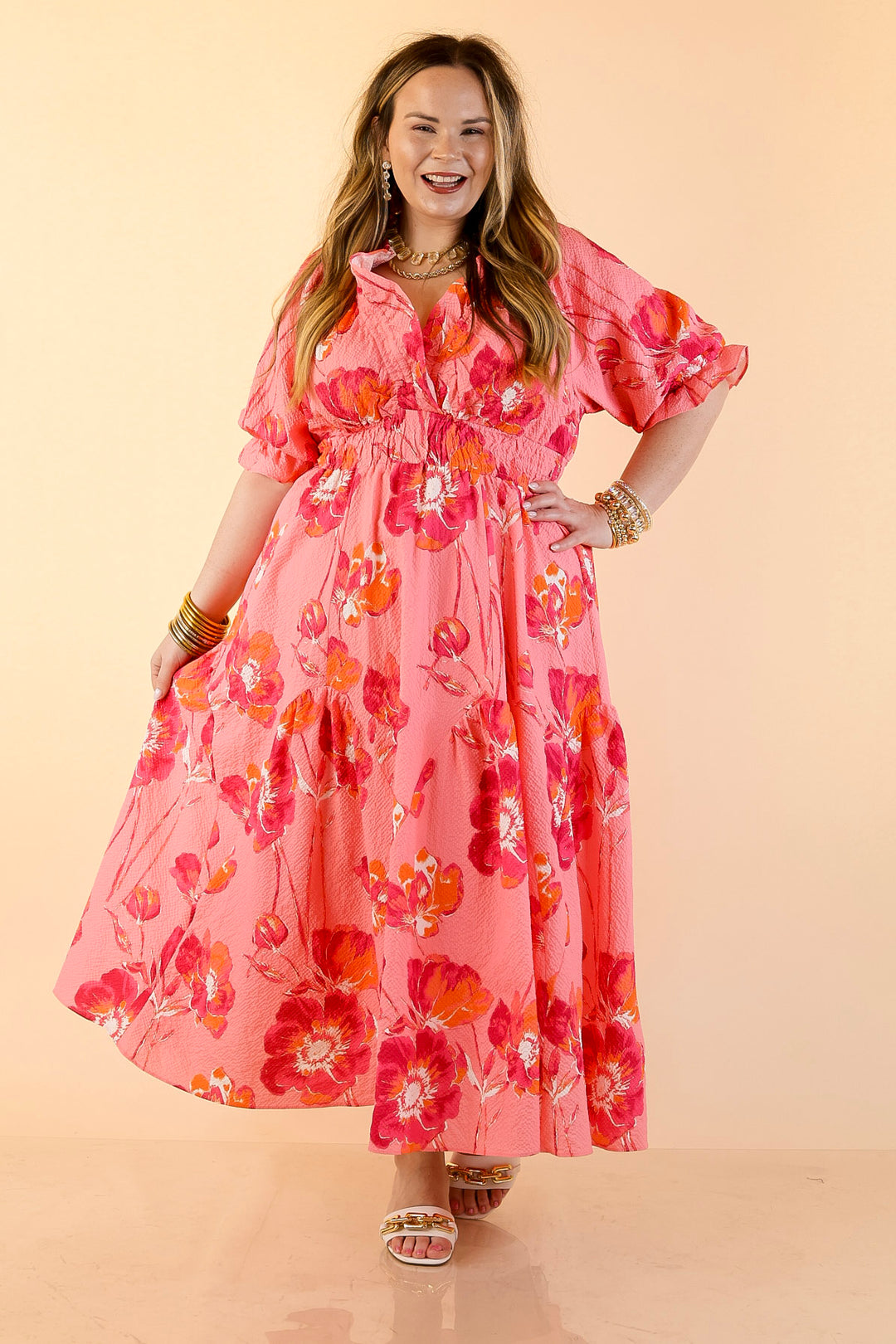 Breezy Belle Floral Print Textured Puff Sleeve Midi Dress with Smocked Waist in Pink Mix