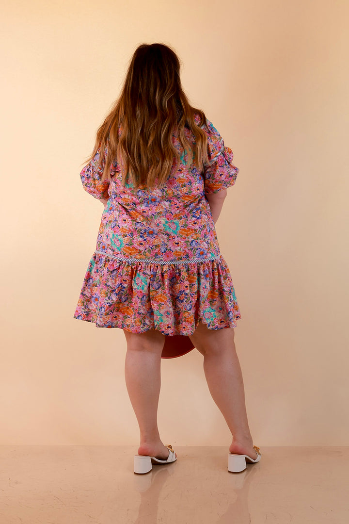 Darling Detail Floral Print Drop Waist Mini Dress with Contrast Trim in Pink Multi
