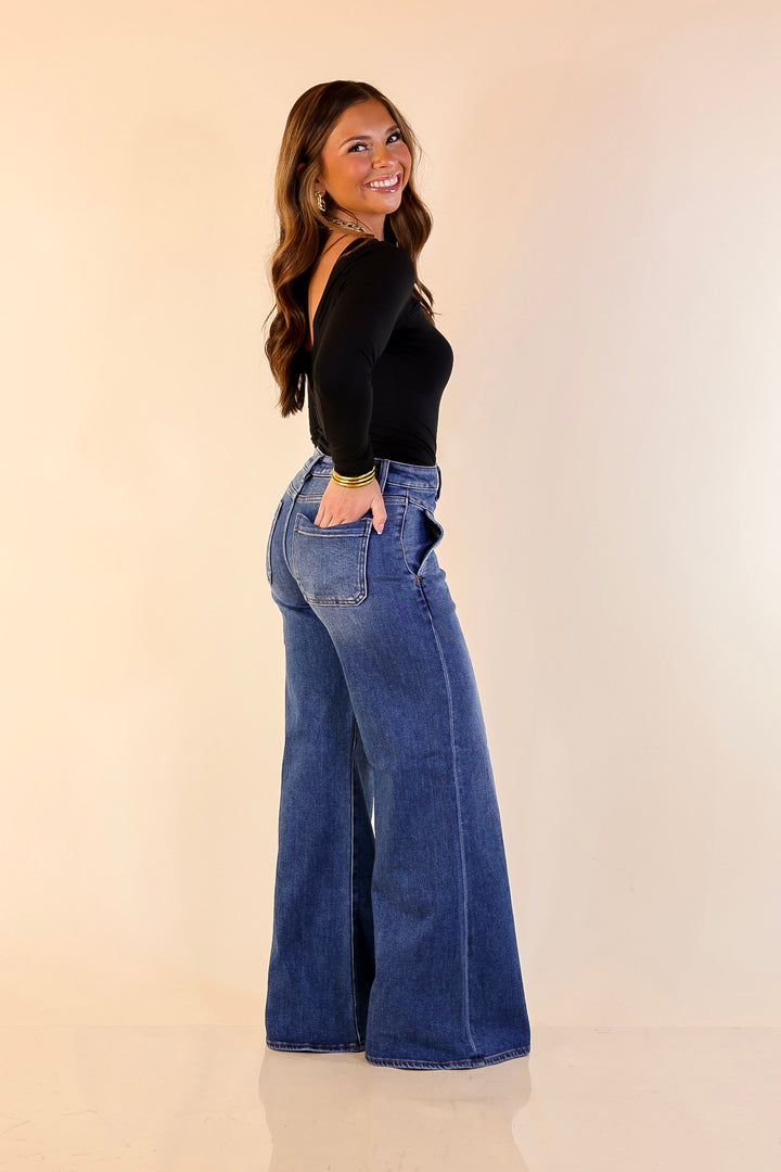 Risen | Rocky Mountain Retreat 90's Inspired Wide Leg Front Yoke Seam Detail Jeans in Dark Wash