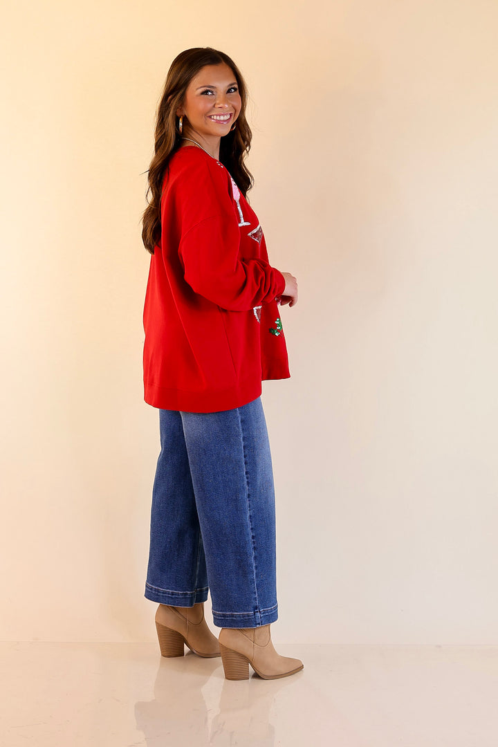 Mud Pie | Season's Sippings Oversized Sequin Cocktail Graphic Sweatshirt in Red