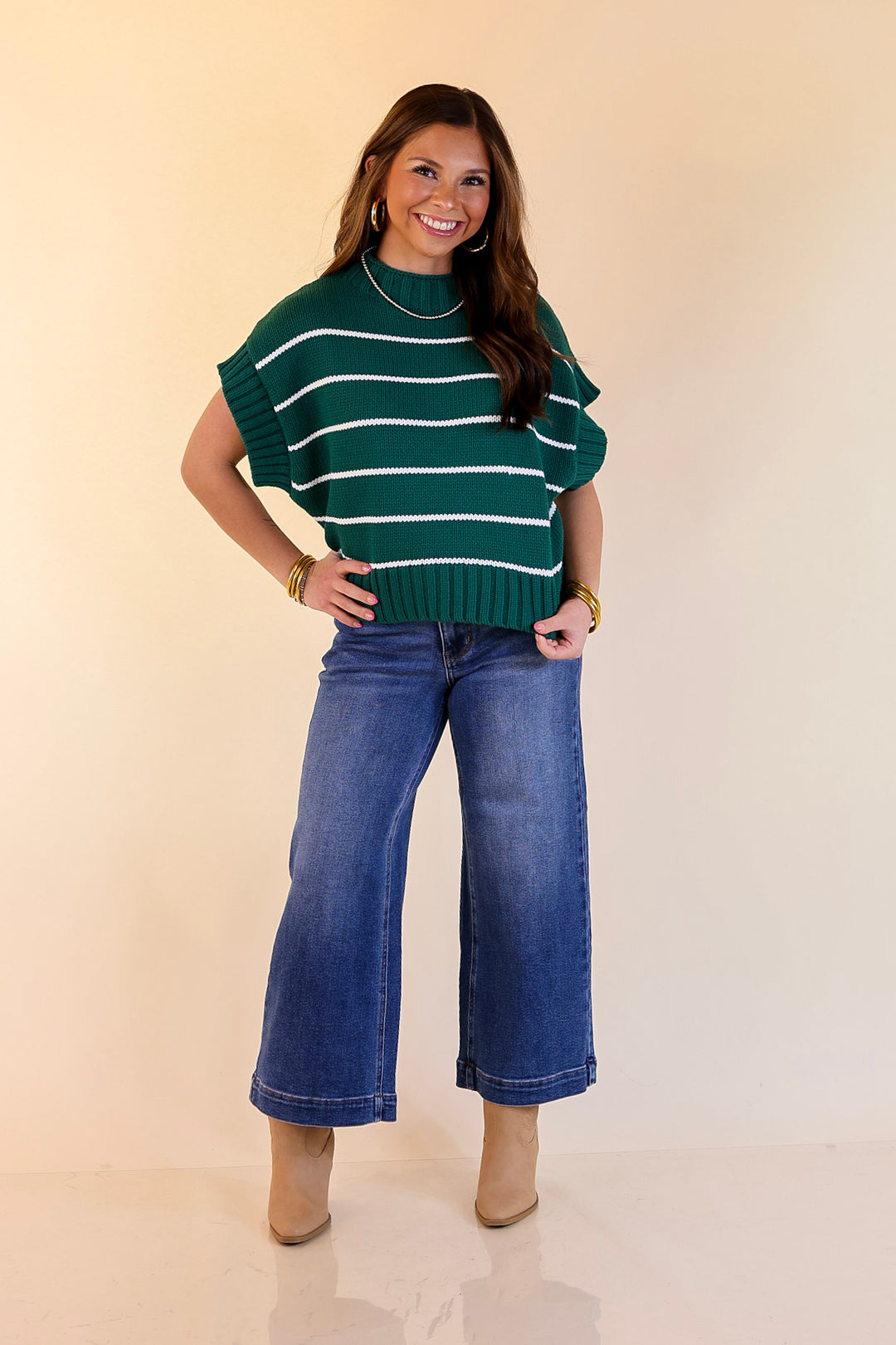 Sweet in Stripes Short Sleeve Striped Mock Neck Sweater in Forest Green