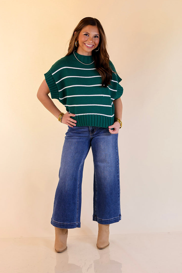 Sweet in Stripes Short Sleeve Striped Mock Neck Sweater in Forest Green