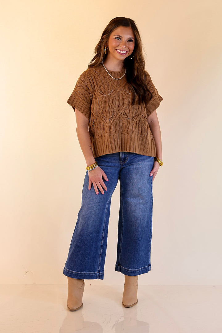 Knit to Last Cable Knit Short Sleeve Sweater Top in Camel Brown