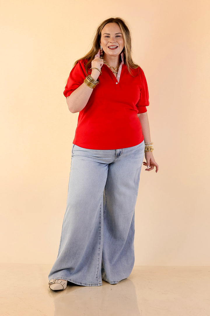 Sleek Sophistication Short Puff Sleeve Top with Striped Collar in Red