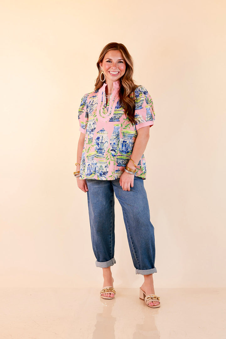 Coast is Clear Vase Print Contrast Trim Top with Puff Sleeves in Coral Pink Multi
