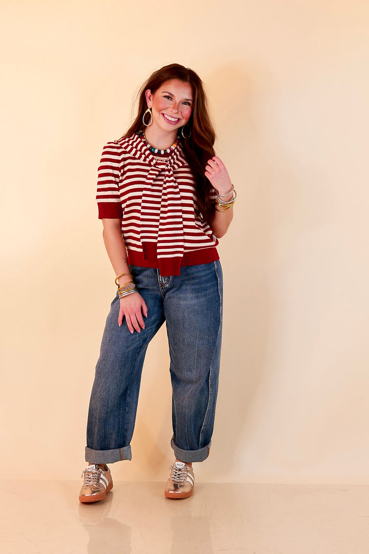 Leading Lady Faux Sweater Tie Detail Short Sleeve Striped Knit Top in Burgundy and Ivory