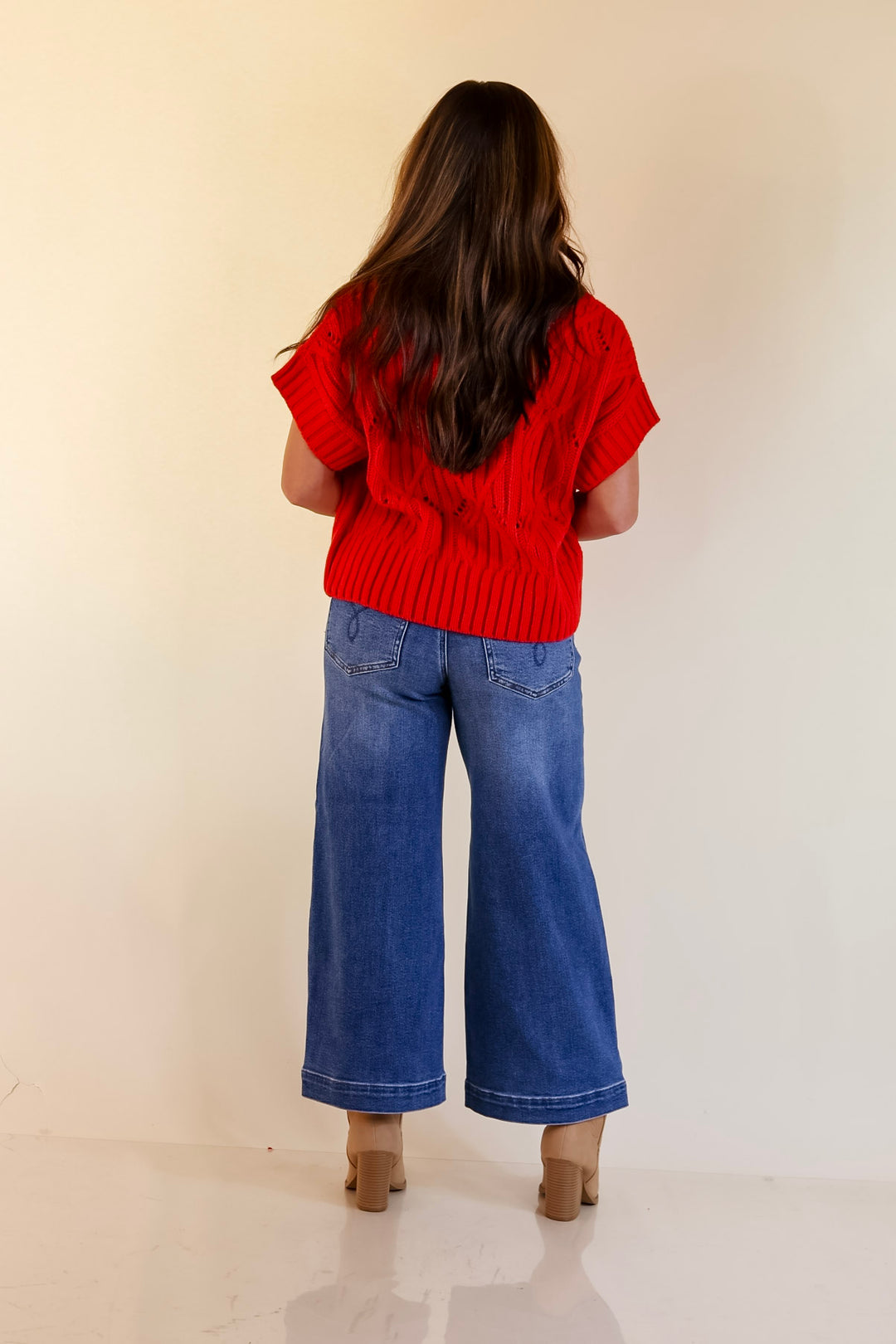 Knit to Last Cable Knit Short Sleeve Sweater Top in Red