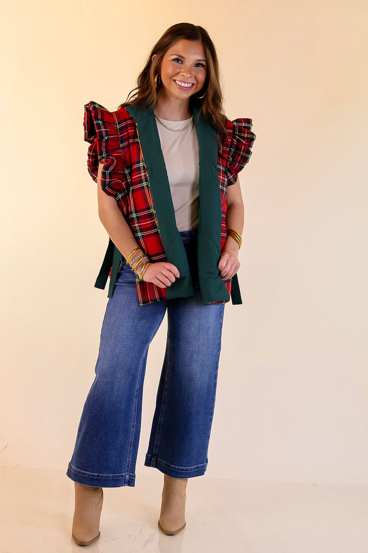 Mud Pie | Jefferies Quilted Plaid Reversible Vest with Ruffle Cap Sleeves and Bow Side Closure in Red