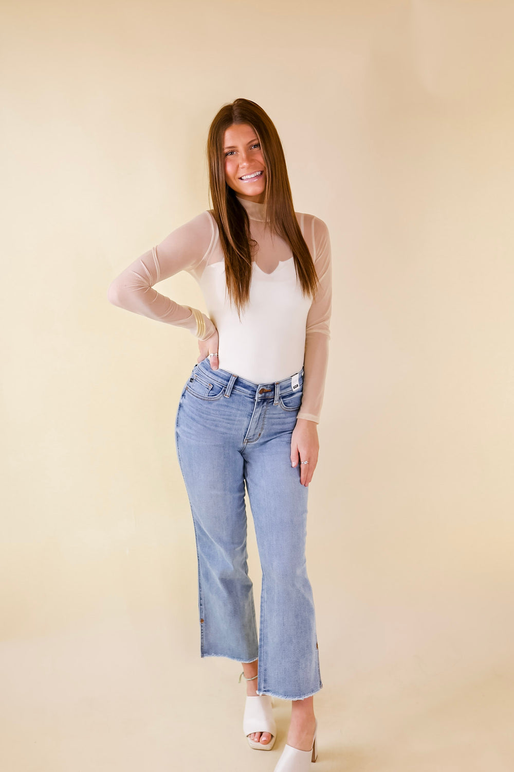 Try Your Luck Mesh Long Sleeve Bodysuit in Cream - Giddy Up Glamour Boutique