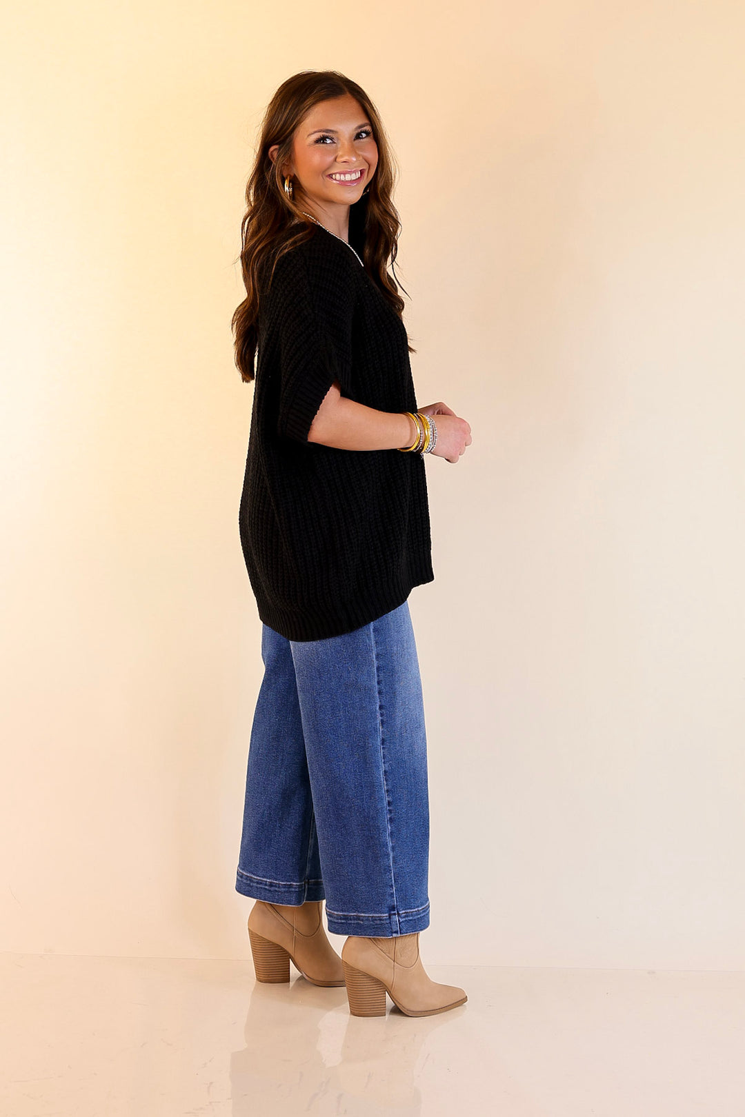 Tried and True Short Sleeve Oversized Knit Sweater in Black