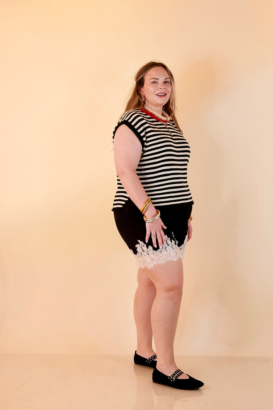 Pretty Little Something Solid Drawstring Shorts with Lace Trim in Black