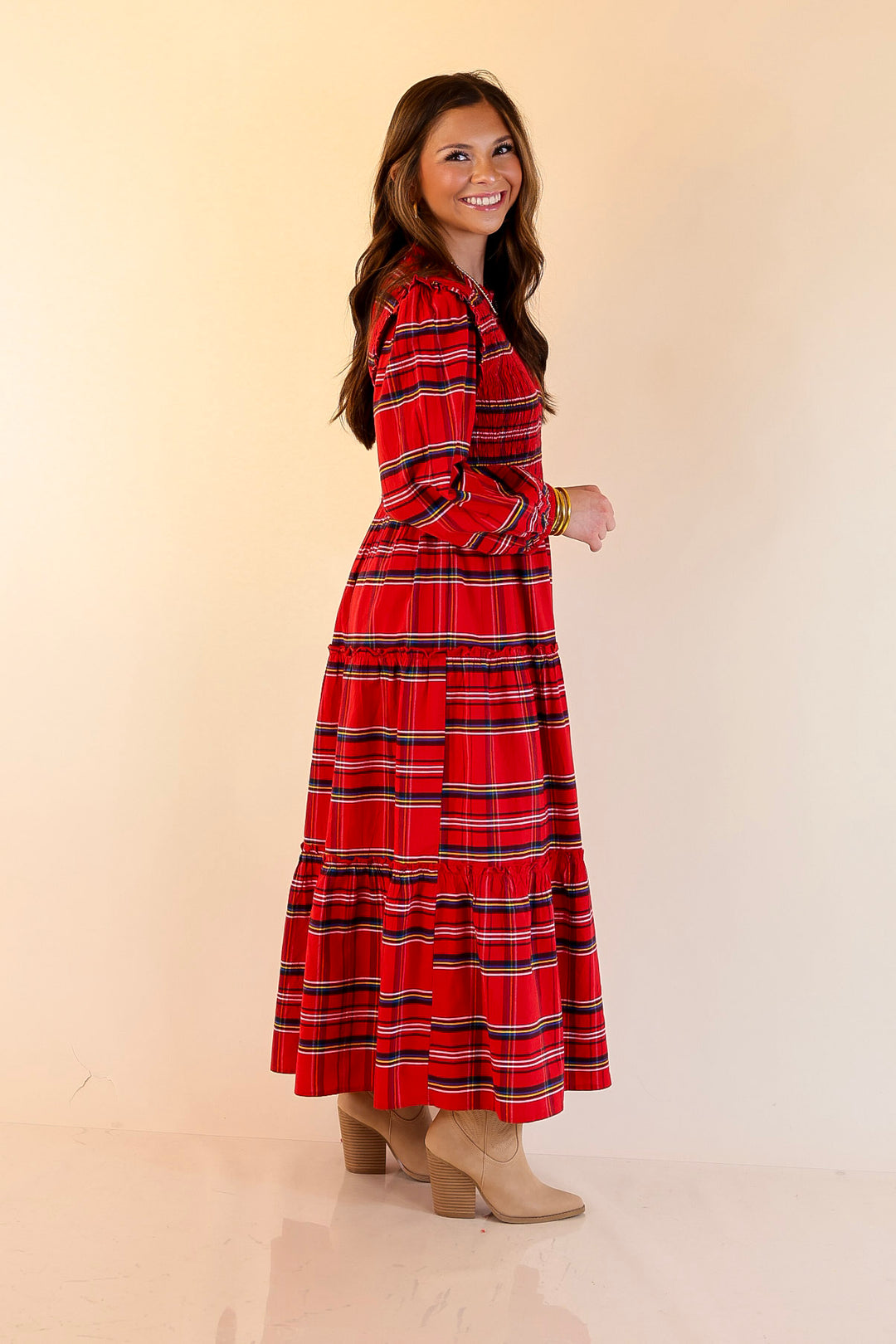 Mud Pie | Walton Smocked Bodice Long Sleeve Plaid Midi Dress with Tiered Skirt in Red