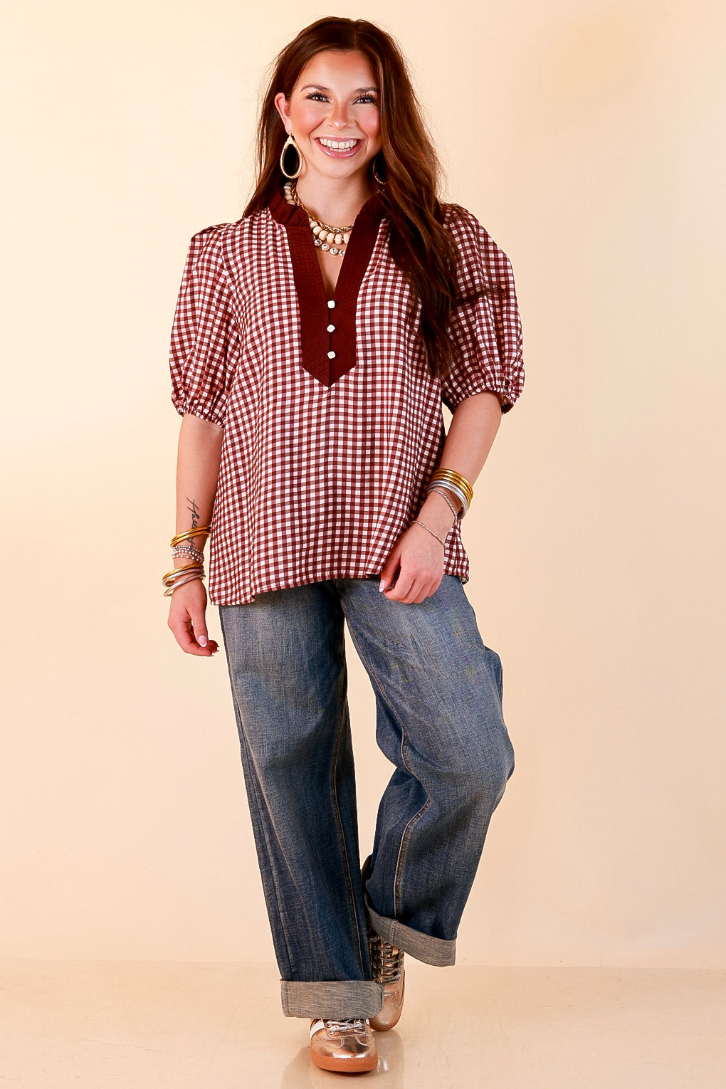 Check the Agenda Contrast V-Neck Button Detail Gingham Puff Sleeve Top in Maroon and Ivory