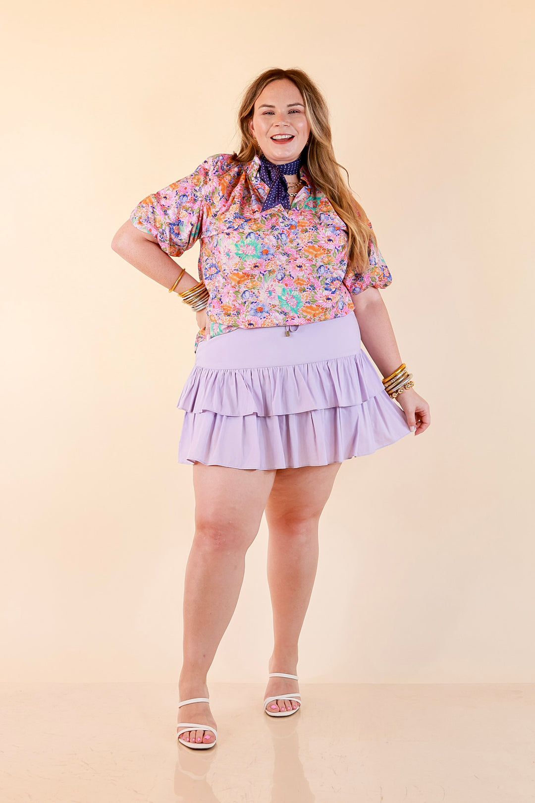 Blooming Beauty Floral Print V Neck Top with Smocked Neckline and Puff Sleeves in Pink Multi Color