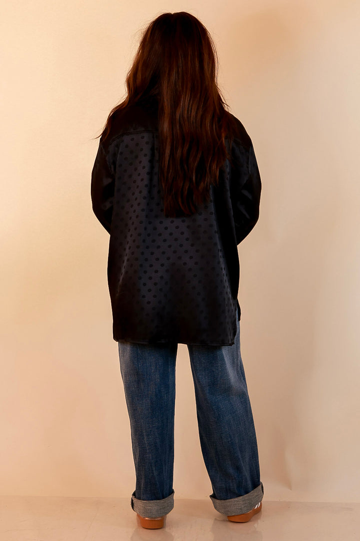 Polished Point of View Satin Collared Polka Dot Button Down Blouse with Gold Buttons in Black