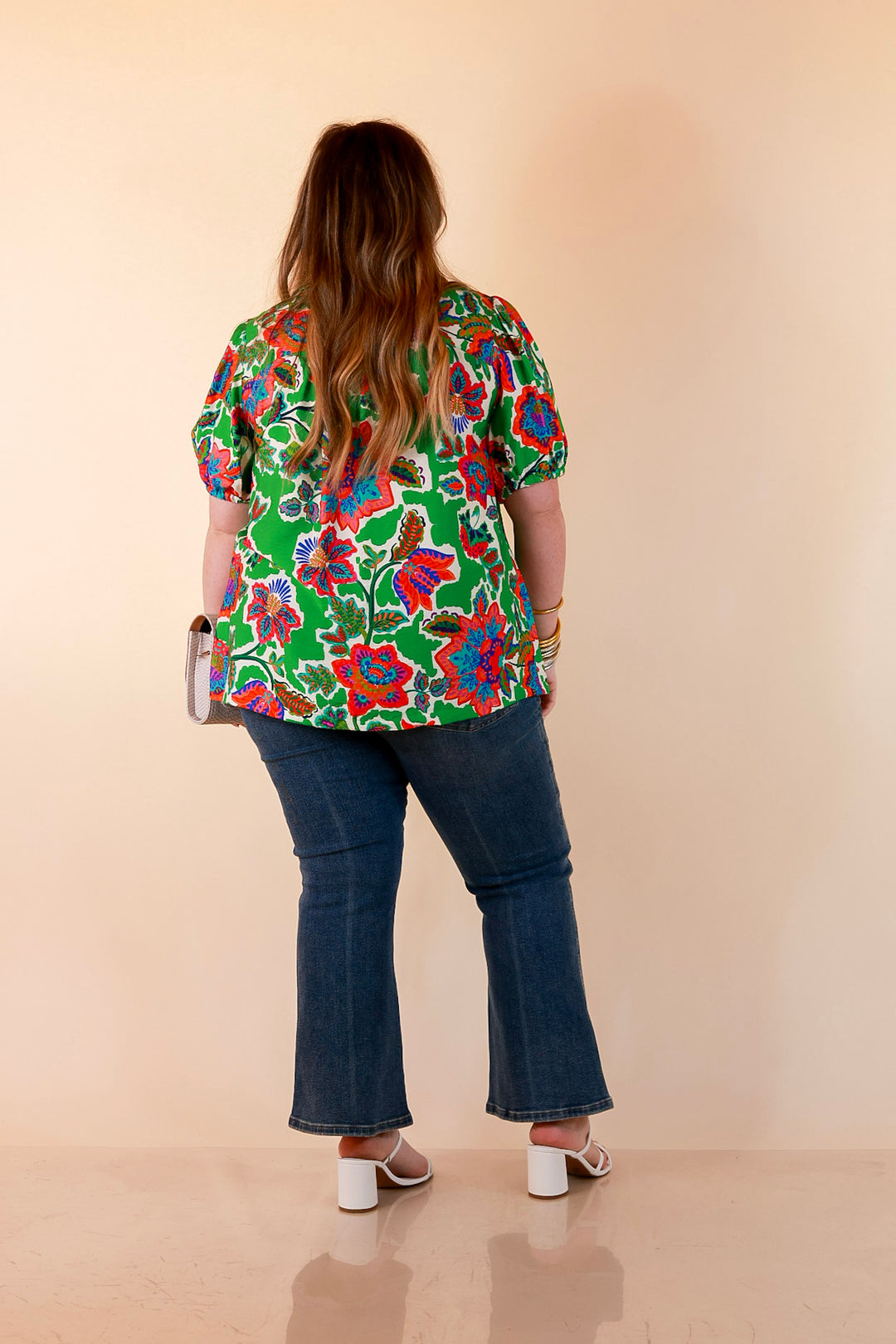 Petal Pop Floral Print Ruffle Front Button Up Top with Puff Sleeves in Green