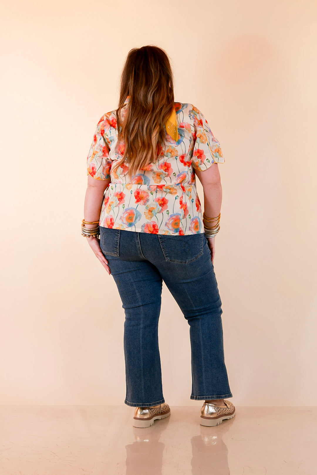 Petals and Plans Poppy Floral Print Button Up Collar Blouse in Cream