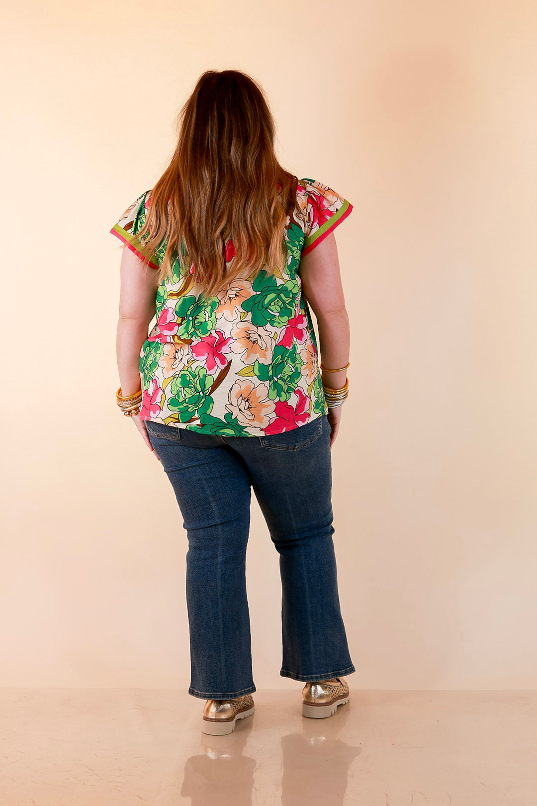 Spring Symphony Floral Print Flutter Sleeve Top with Contrast Trim Split Neckline in Pink and Green