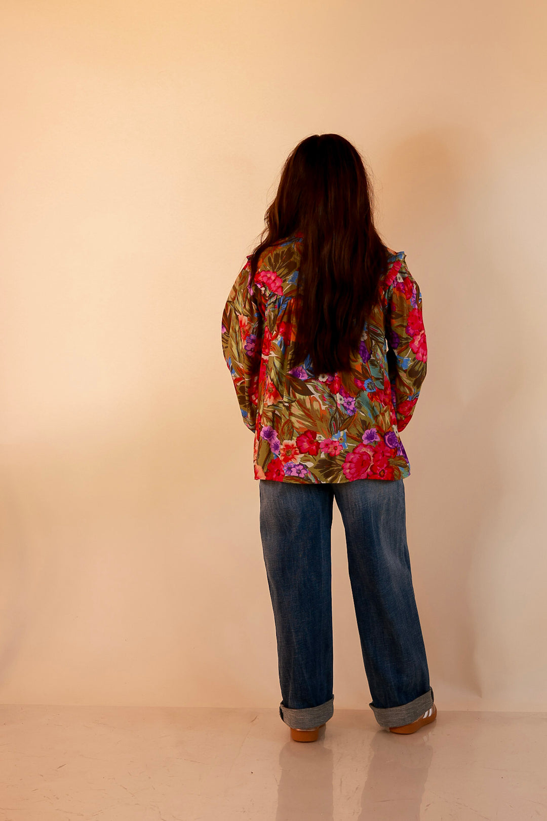 Garden Social Long Sleeve Ruffle Shoulder V-Neck Flowy Floral Print Blouse in Olive Green Multi
