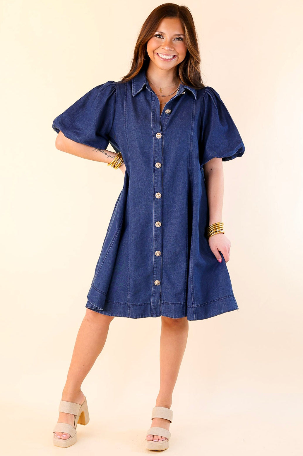 Denim Diva Button Up Denim Dress with Short Puff Sleeves