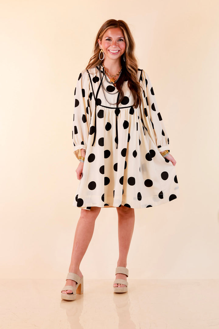 Tea Time Charm Polka Dot Babydoll Dress with Neck Tie and Yoke Detailing in Ivory with Black Dots