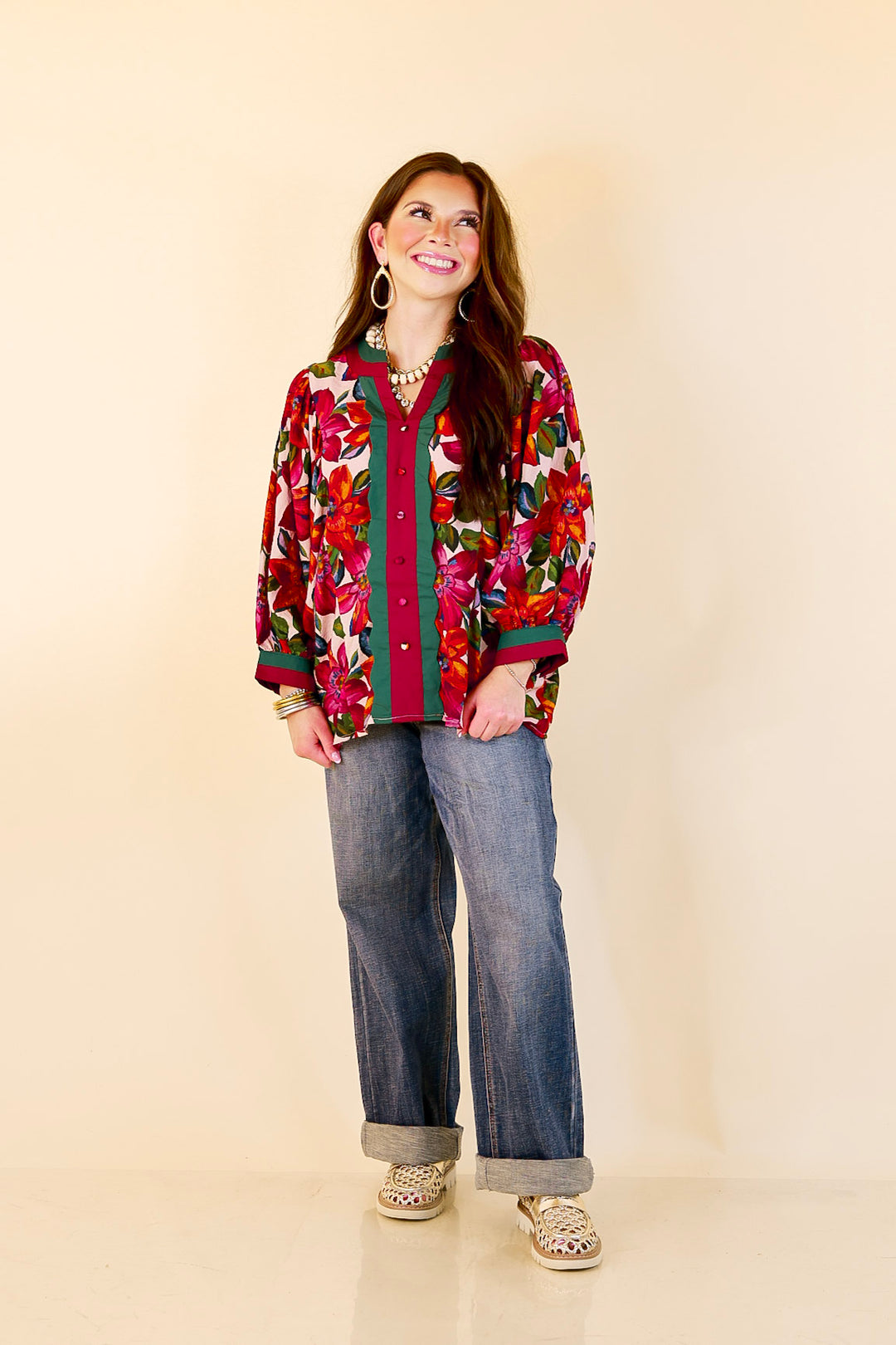 Color Me Confident Floral Print Button Front Contrast Trim Top in Ivory, Plum and Emerald Green