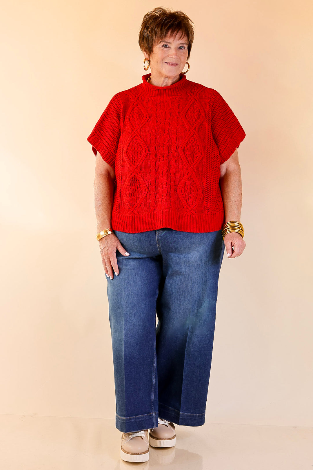 Mud Pie | Claude Oversized Cable Knit Dropped Shoulder Sweater in Red