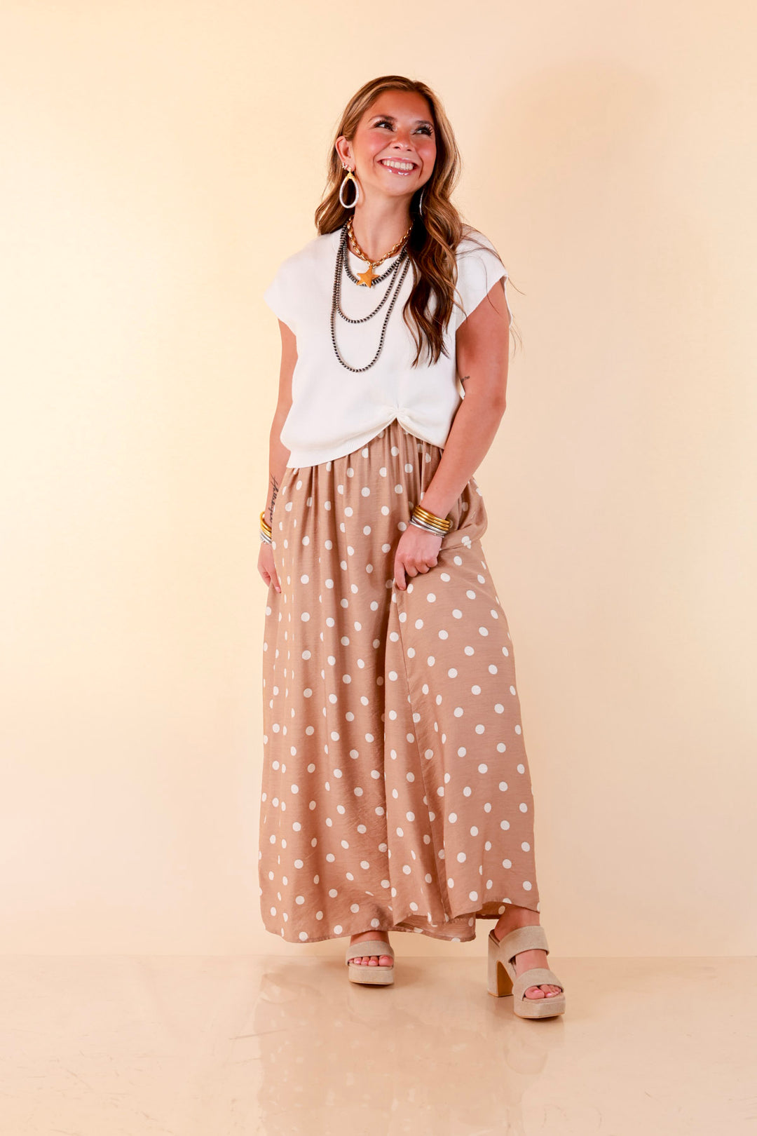 Polka Dot Spaghetti Strap Dress Set with Detachable Ivory Top in Taupe – Giddy Up Glamour Boutique