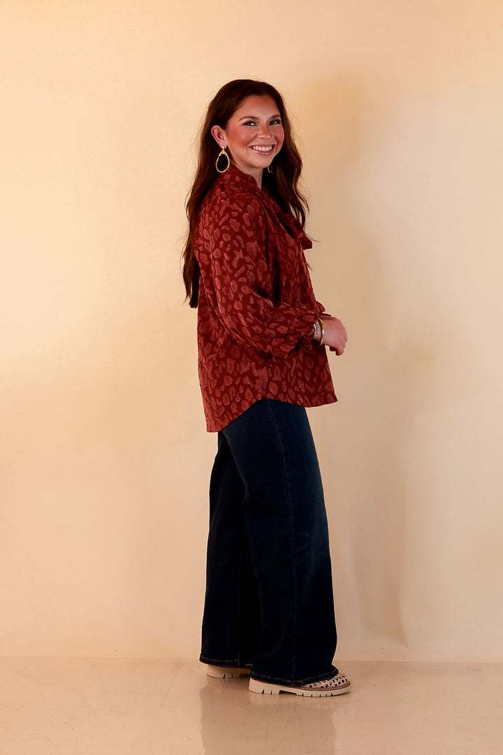 Commanding Attention Tie Neck Velvet Animal Print Balloon Sleeve Blouse in Burgundy