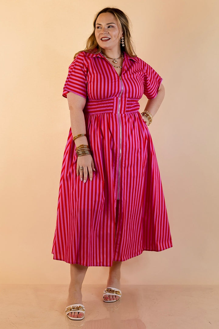 Modern Charm Zip Front Midi Striped Print Dress with Smocked Waist and Short Sleeves in Pink and Red