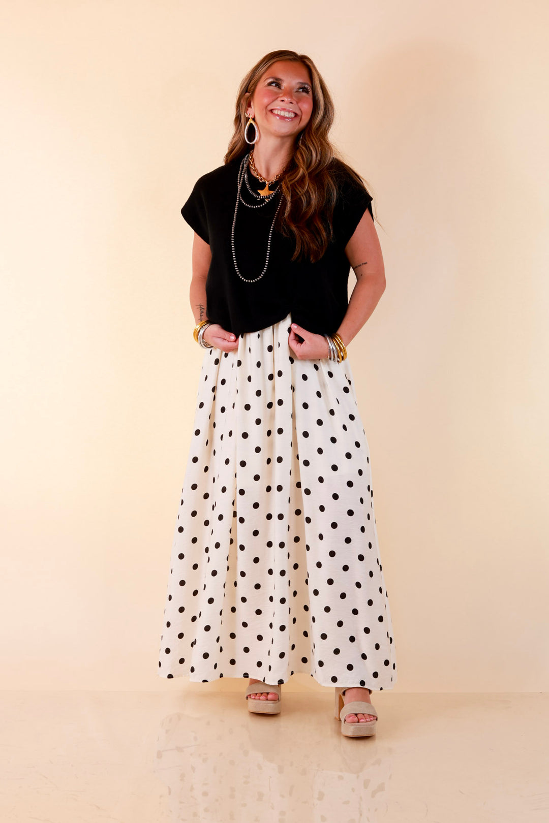 Two Ways to Charm Polka Dot Spaghetti Strap Dress Set with Detachable Black Top in Cream