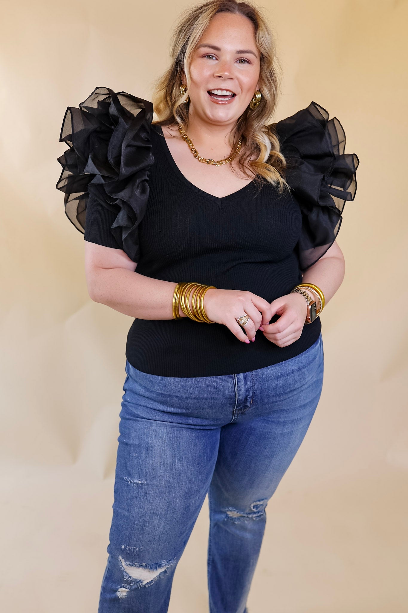 The Party Goes On Ribbed Fitted Top with Ruffle Sleeves in Black - Giddy Up Glamour Boutique