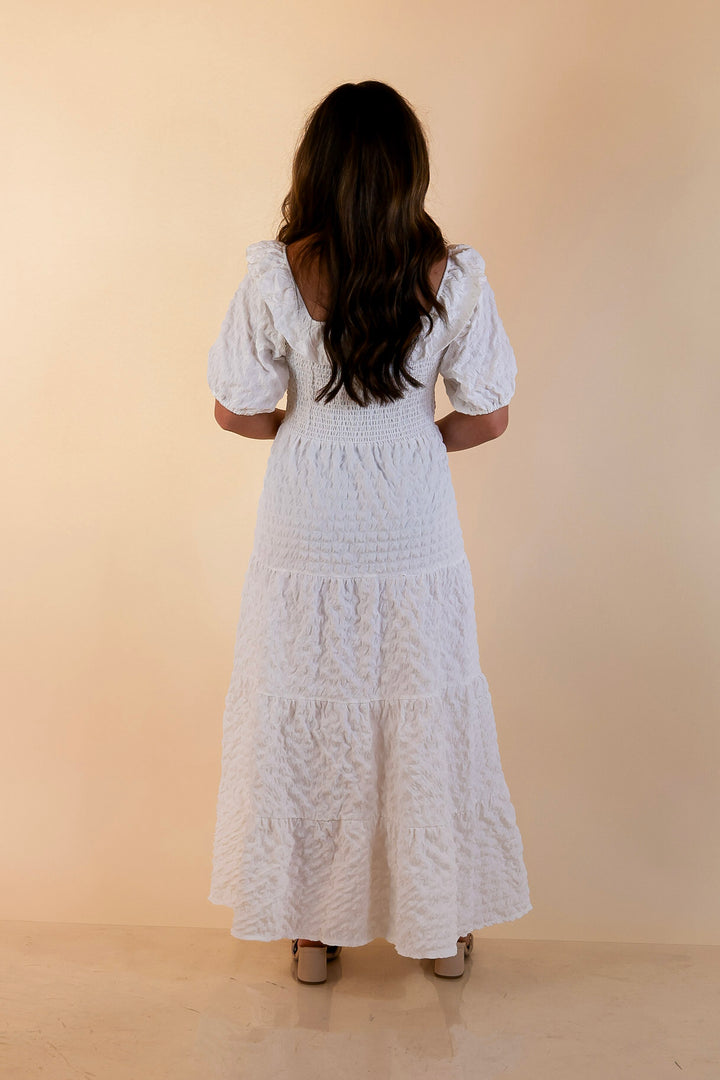 Simply Southern | Radiant Moment Textured Smocked Bodice Tiered Maxi Dress with Puff Sleeves in White
