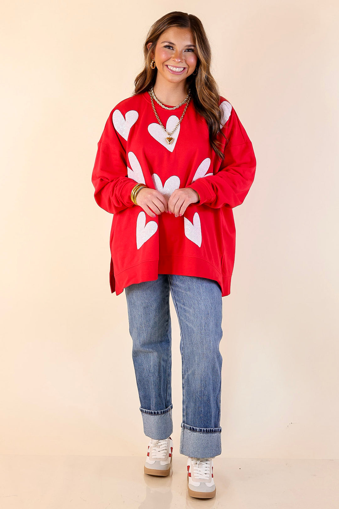 Mud Pie | Heart on My Sleeve Oversized Sequin Hearts Graphic Sweatshirt in Red