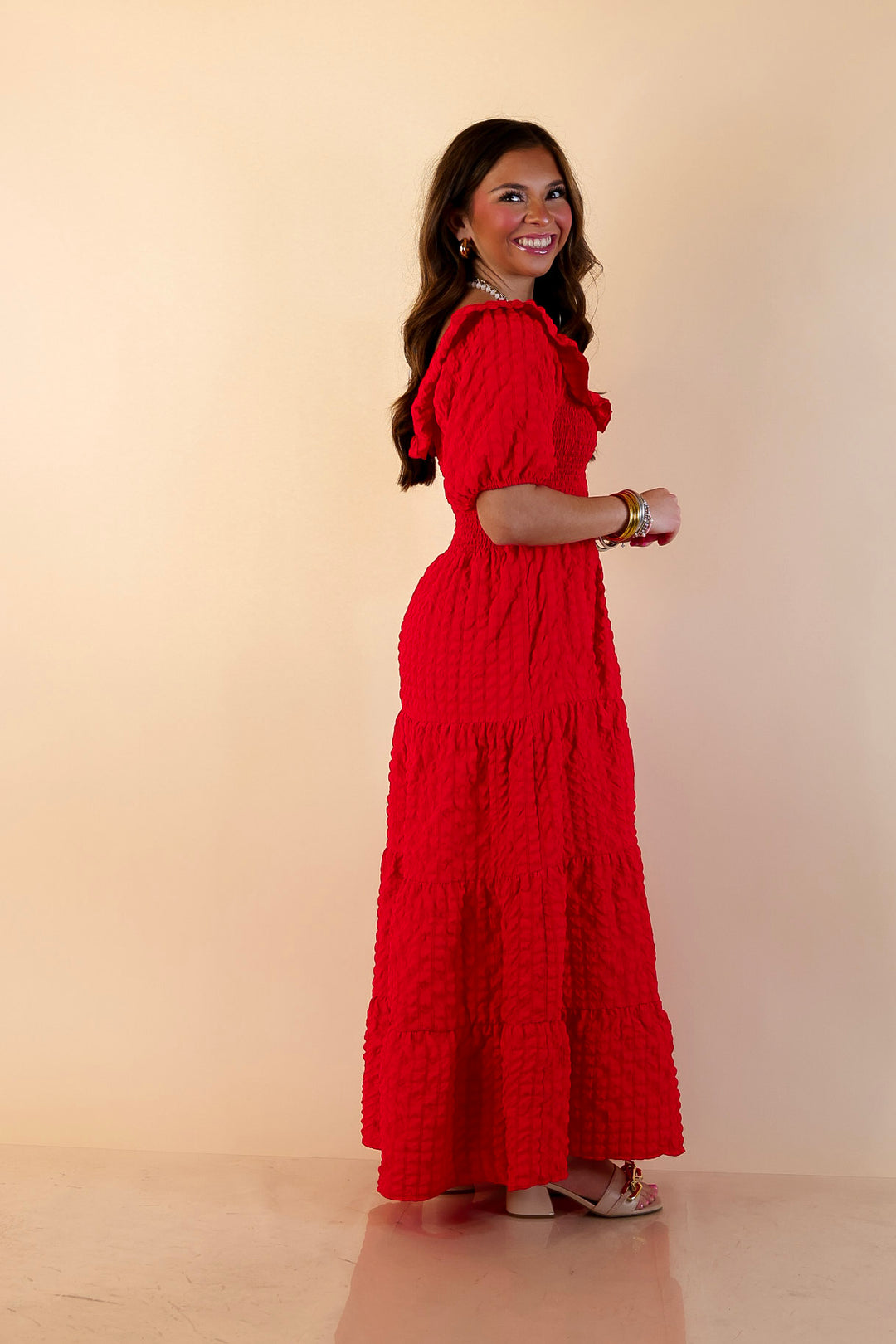 Simply Southern | Radiant Moment Textured Smocked Bodice Tiered Maxi Dress with Puff Sleeves in Red