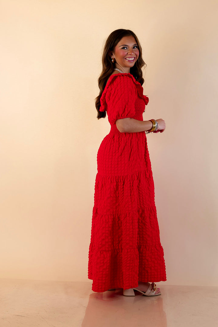 Simply Southern | Radiant Moment Textured Smocked Bodice Tiered Maxi Dress with Puff Sleeves in Red