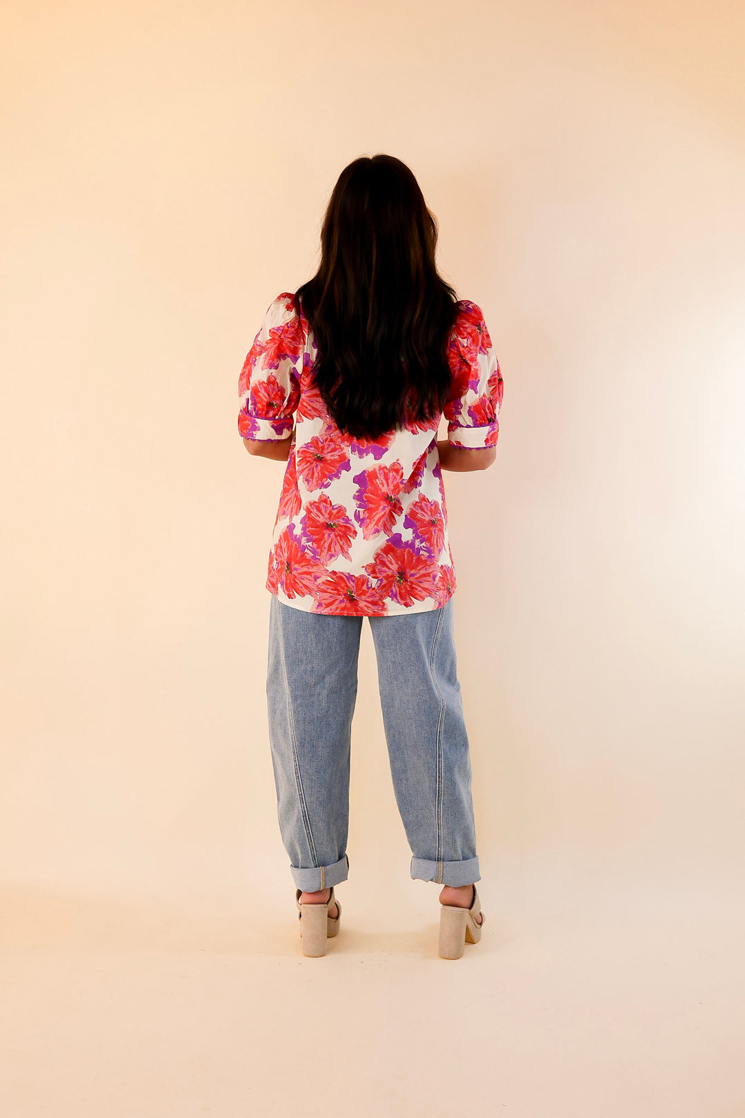 Perfectly Posh Purple and Red Floral Print Top with Short Puff Sleeves in Ivory