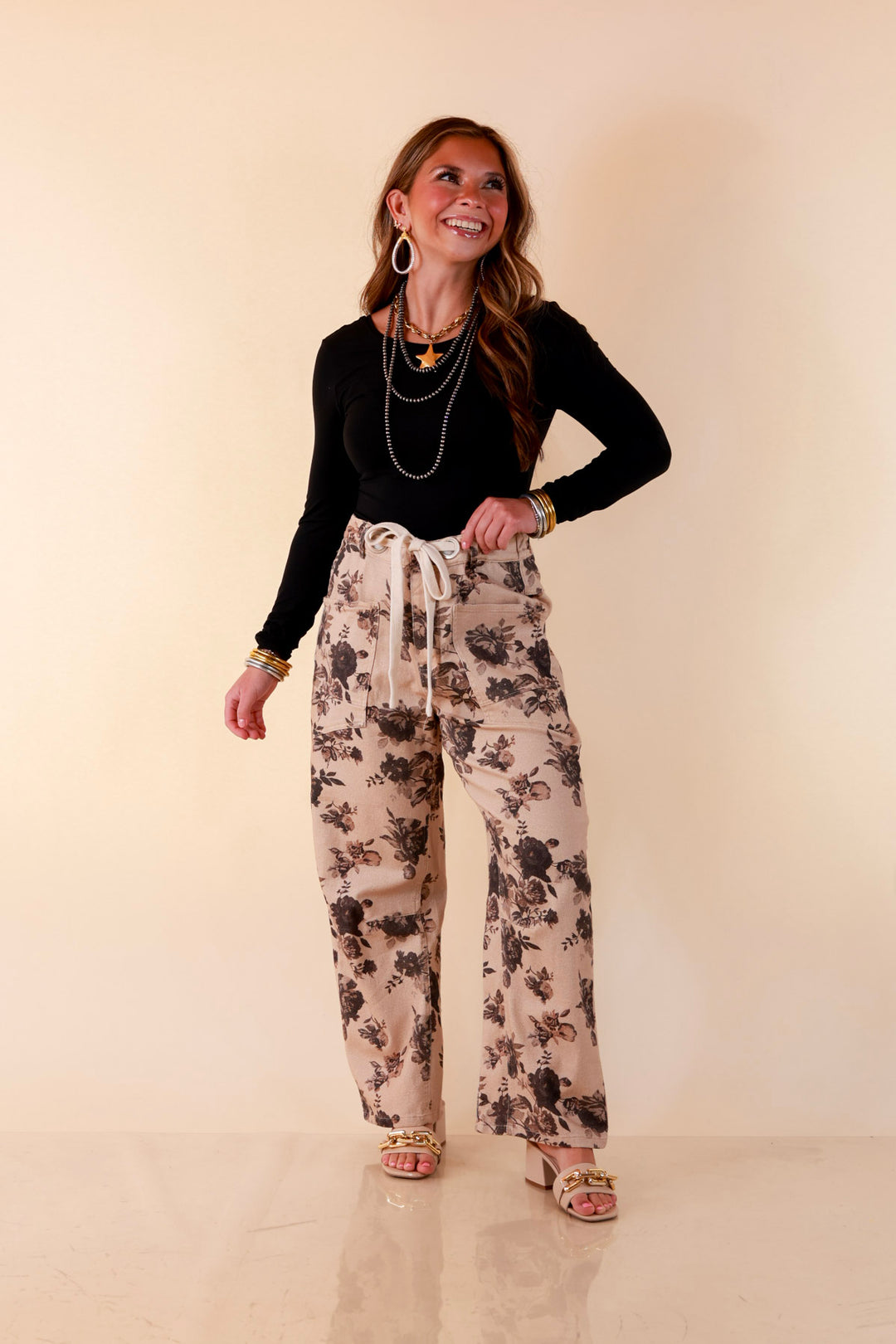 Just My Type Floral Print Wide Leg Barrel Jeans with Drawstring Waist in Beige