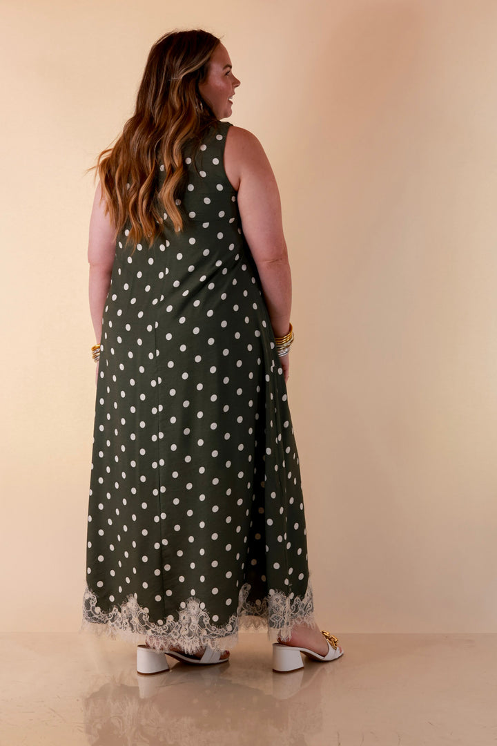 Sweet Little Something Polka Dot Sleeveless Maxi Dress with Lace Trim in Olive Green