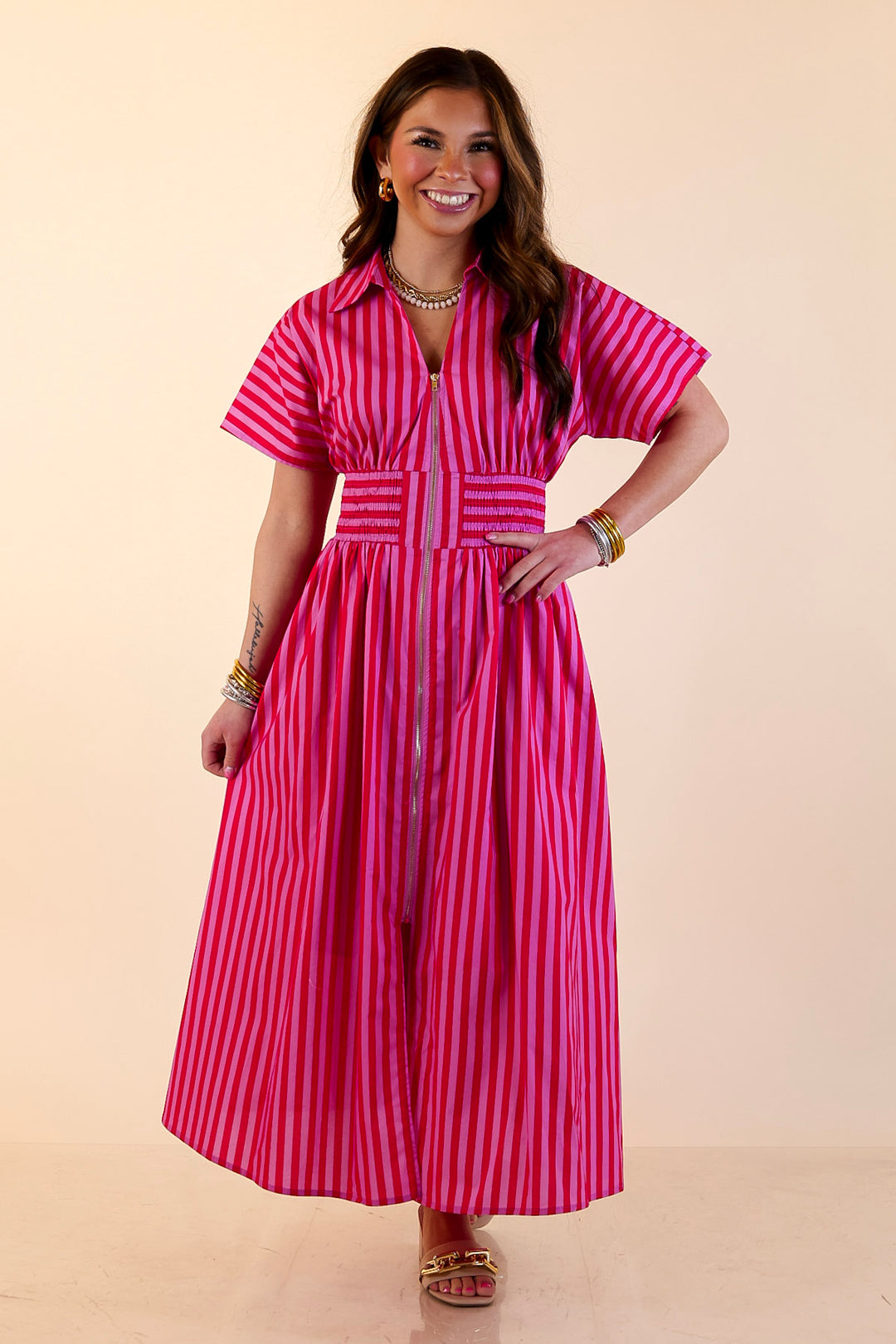 Modern Charm Zip Front Midi Striped Print Dress with Smocked Waist and Short Sleeves in Pink and Red