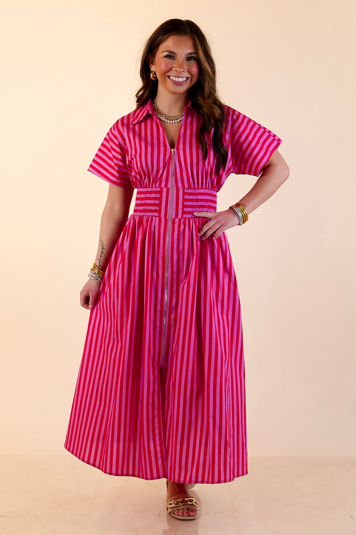 Modern Charm Zip Front Midi Striped Print Dress with Smocked Waist and Short Sleeves in Pink and Red